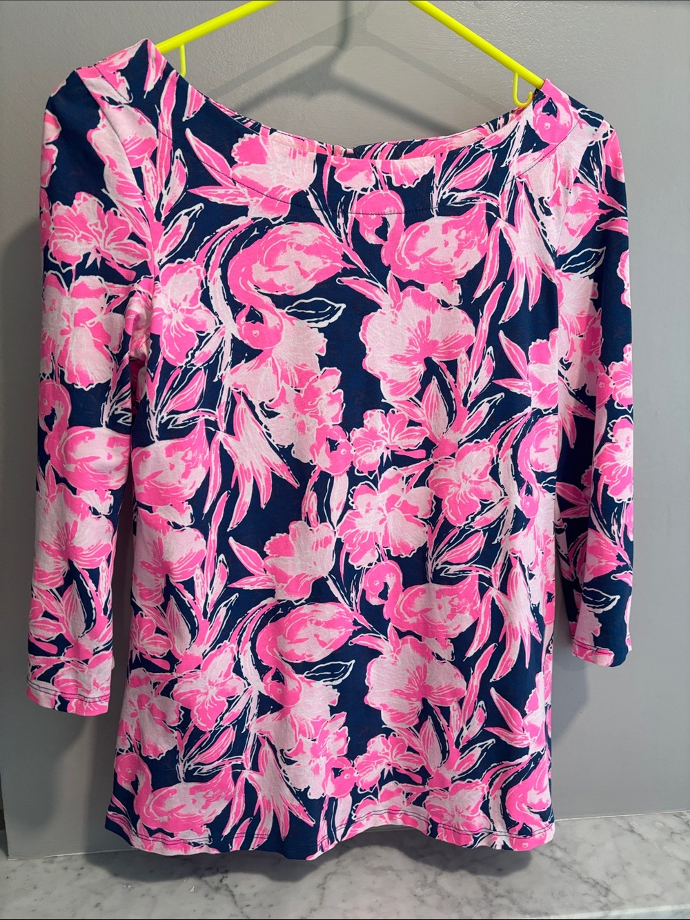 Lilly Pulitzer Navy & Hot Pink Floral Boatneck Top flamingo print